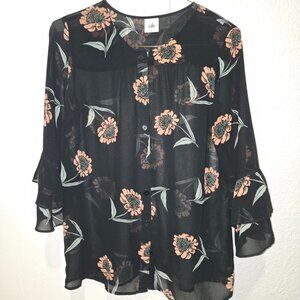 CAbi Women’s La Di Da Floral Bell Sleeve Blouse Size Small Chiffon Style 5206